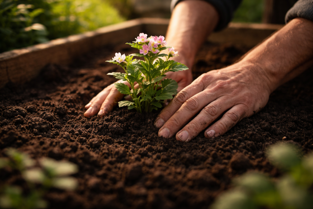 Stemningsfuldt billede til mission/visionsafsnit, hvor hænder planter eller omplanter en blomst i et bed eller en potte – symbol på viden, omsorg og læring.
