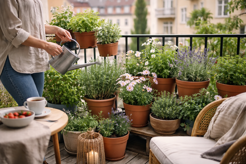 Stemningsbillede til generel brug – en dansk altan eller lille byhave med krukker, krydderurter og blomster, hvor nogen vander planter eller nyder en stille stund.