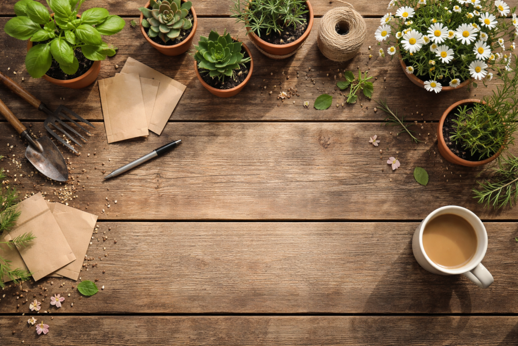 Standard blogheader, der kan bruges bredt – topview af havebord med forskellige planter, frøposer, krukker og en kop kaffe, enkel og redaktionel.