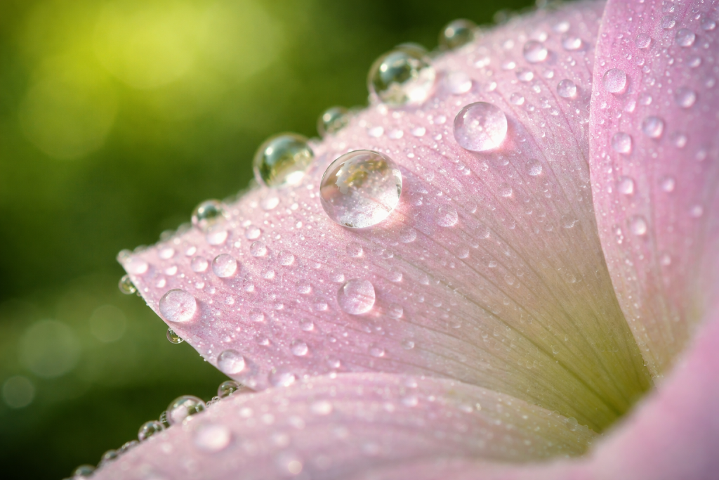 Detaljebillede til artikler – makrofoto af dugdråber på blomster eller blade i haven, meget tæt på og tekstur-rigt.