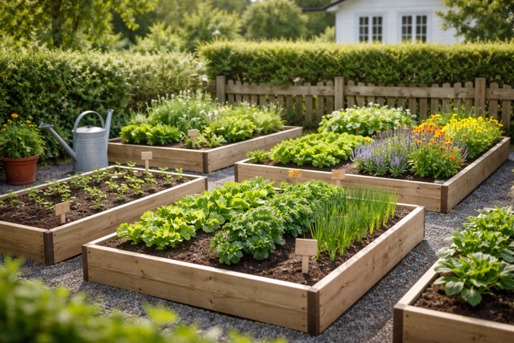 Illustration til sektion om sæsonkalendere og planteleksikon – overskueligt, nordisk havebed opdelt i sektioner med forskellige planter i tydelige vækststadier.