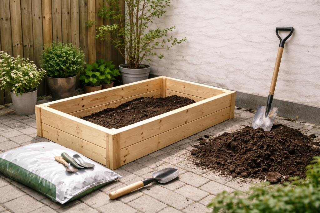 Illustration til DIY og boligprojekter – opbygning af et enkelt, nordisk højbed på en terrasse eller i en lille gårdhave, med værktøj og materialer synlige.